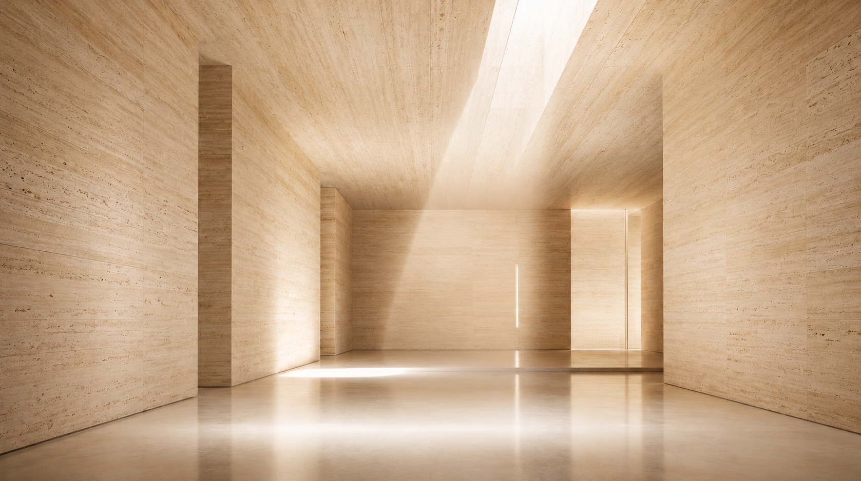 Minimal travertine gallery hall with skylight light beams