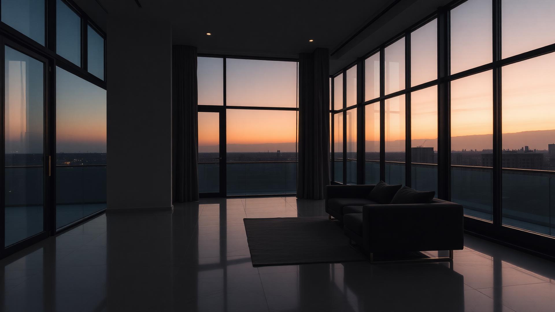 Empty modernist apartment at dusk