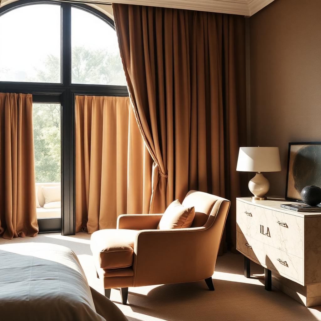 Bedroom render with velvet drapes and Jeanneret chair